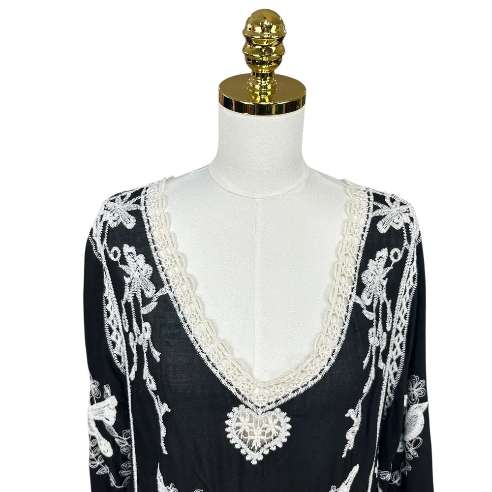Boho Embroidered Bird Heart Lace Trim V-Neck Tunic Dress Black White 3/4 Sleeve - Picture 2 of 8